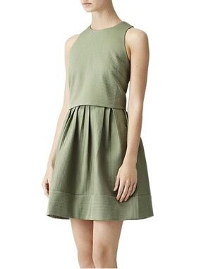 REISS Olive Sage Green Textured Mini Dress  A-Line Sleeveless Babydoll 8